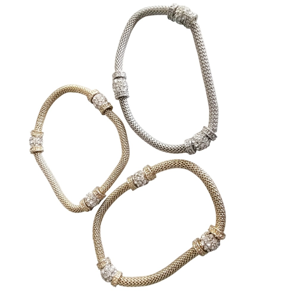 Crystal Bead Stretch Bracelets Gold Silver Tone Mesh Metal Fashion Jewelry Vtg